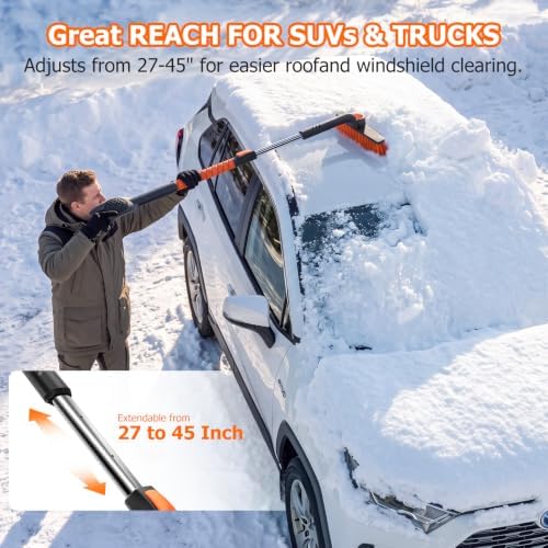 DMJN [2026 Upgrade Extendable Car Snow Brush and Ice Scraper [3-in-1] Clean Snow, Ice and Frost, 45''Adjustable Length with 360° Rotating Brush Head, Suitable for All Cars-Medium