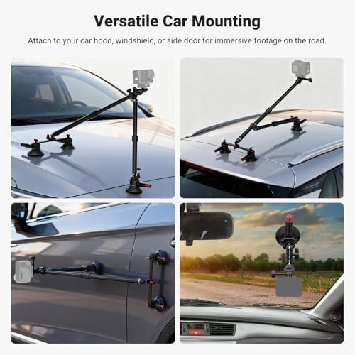 NEEWER Triple Suction Cup Car Mount Kit, Two 24" Aluminum Alloy Extension Poles, NATO Rail, Action Camera Adapter Compatible with GoPro DJI Insta 360, Max Load 2.2 lb, CA166