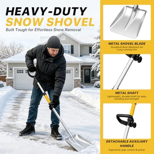 OUSHASAA 49.2" Metal Snow Shovel for Driveway, Sidewalk & Car, Dual Handles