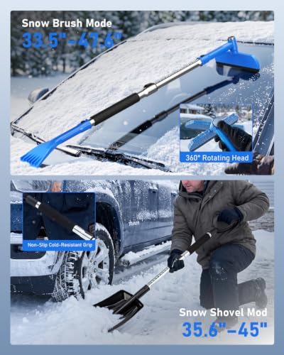 helloleiboo 47.6" Snow Shovel and Snow Brush, Extendable, Interchangeable Heads