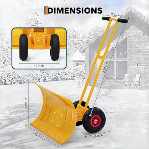 MAXSA 29" W × 20" H Adjustable Snow Shovel with Wheels for Driveway, Yellow