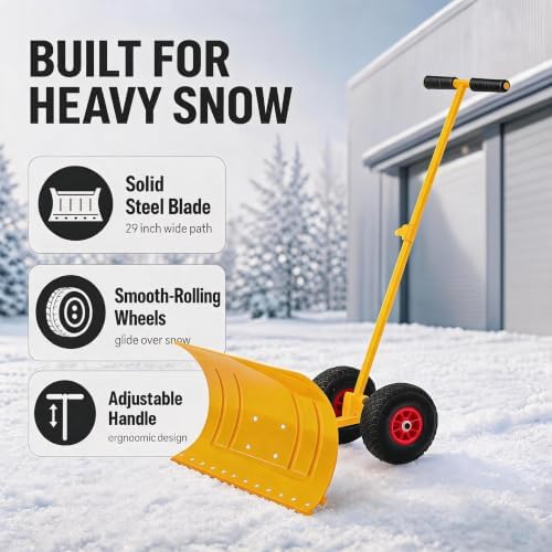 Garvee 29" W Adjustable Handle Wheeled Shovel for Driveway, Single Rod