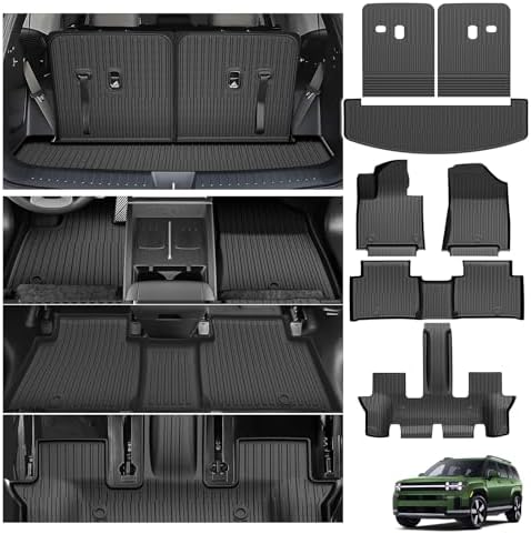 Powerty Floor Mats for Hyundai Santa Fe 6-Seater 2024-2026 2027 (Include Hybrid&Gas), All Weather 3D TPE Anti-Slip Trunk Cargo Liner Seat Back Covers Protectors Full Set Car Accessories