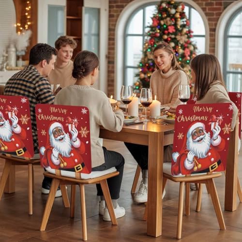 Merry Christmas Chair Back Covers Set of 8 Black Santa Claus Xmas Snowflake Gold Red Washable Removable Chair Cover Slipcover Protector for Dining Room Hotel Party Holiday Decor