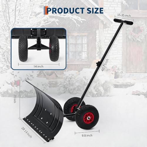 Garvee 30in W x 17in H Snow Shovel with Ergonomic Handle for Driveway, Heavy Duty Push Snow Plow Shovel with Large Adjustable Handle, Angled Blade and Wheels, Snow Removal for Driveway, Courtyard