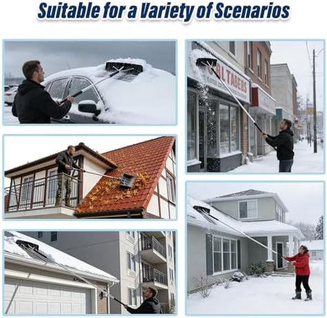 Roof Snow Removal Tool with Twist Lock Telescoping Pole, 4.9–15.7 Ft Extendable Roof Snow Rake, Plastic Blade Snow Rake for Slanted Roof