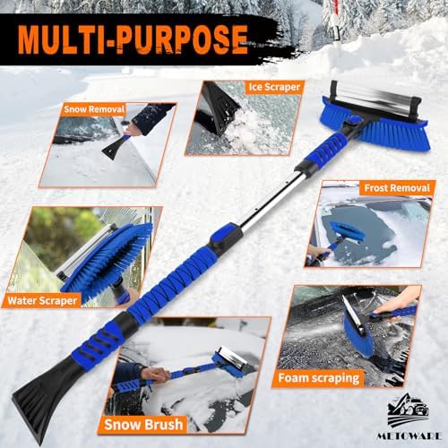 METOWARE 44" Ice Scraper and Snow Brush for Car Windshield, Extendable Heavy Duty Ice Remover with 360° Pivoting Head for SUV Truck, Ergonomic Grip, Blue