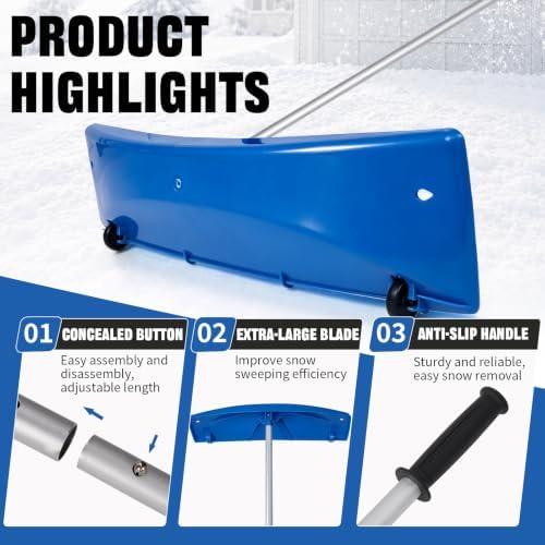 Outvita 18.4FT Snow Roof Rake, 24 in PP Plastic Blade with Wheels, Blue