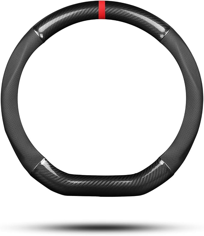 Ergocar Car Steering Wheel Cover Non-Slip Car Steering Wheel Protector Sport D-Shape Carbon Fiber & PU Leather Universal for Diameter 38cm(15") (Black-Stripe-U)