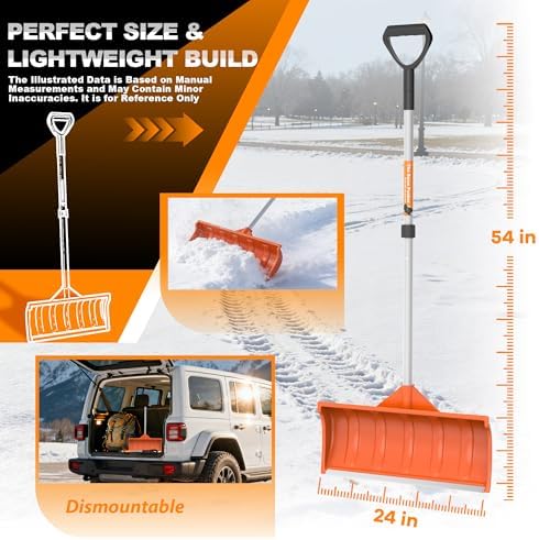 Snow Pusher, 24-inch Wide Snow Shovel for Driveway, Snow Removal Tool for Car Garage, Sidewalks and Doorways, Snow Pusher Shovel with Ergonomic Grip and Aluminum Strip, Orange