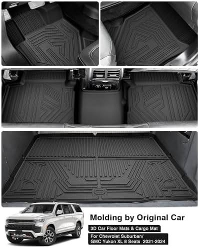 Powerty Floor Mats Cargo Liner for 2021-2024 2025 2026 Chevy Chevrolet Suburban/GMC Yukon XL 8 Seats All Weather 3D TPE Anti-Slip Car Protection, 1st & 2nd Row Set with Rear Cargo Mat Accessories
