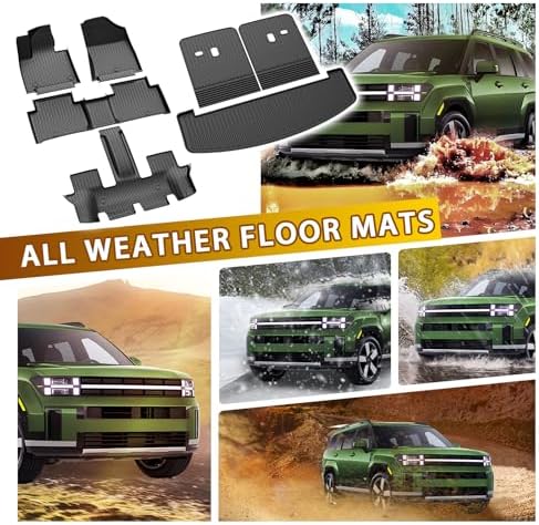 Powerty Floor Mats for Hyundai Santa Fe 6-Seater 2024-2026 2027 (Include Hybrid&Gas), All Weather 3D TPE Anti-Slip Trunk Cargo Liner Seat Back Covers Protectors Full Set Car Accessories