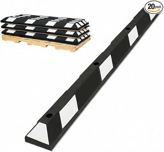 Parking Stopper for Garage or Parking lot – 72” Long, Pack of 20, Bulk Wholesale Pallet, Rubber Bumper Block Car Wheel Stop, White and Black Tire Curb Barrier