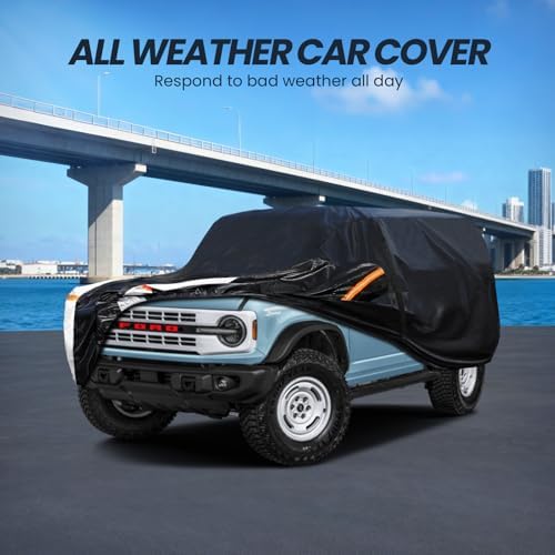 Multi-Layer Car Cover Custom Fit for Ford Bronco 4 Door(2020-2026, No Fit Sport/2 Door), 100% Waterproof All Weather for Automobiles, Heavy Duty Car Covers for Rain Sun UV Protection with Door Zipper