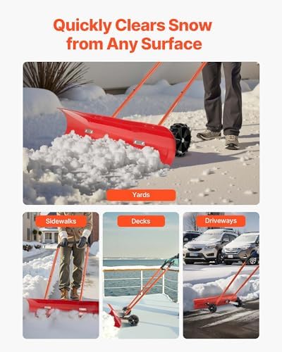 VEVOR 38-inch Snow Pusher Shovel with Wheels, Bi-Directional Heavy Duty Wheeled Push Snow Shovel for Driveway and Sidewalks with Angeled Blade