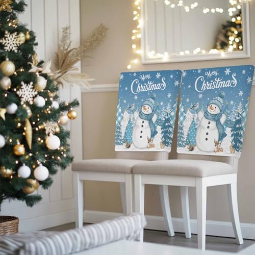 Christmas Snowman Chair Back Covers Set of 8 Xmas Tree Snowflake Blue Washable Removable Chair Cover Slipcover Protector for Dining Room Hotel Party Holiday Decor