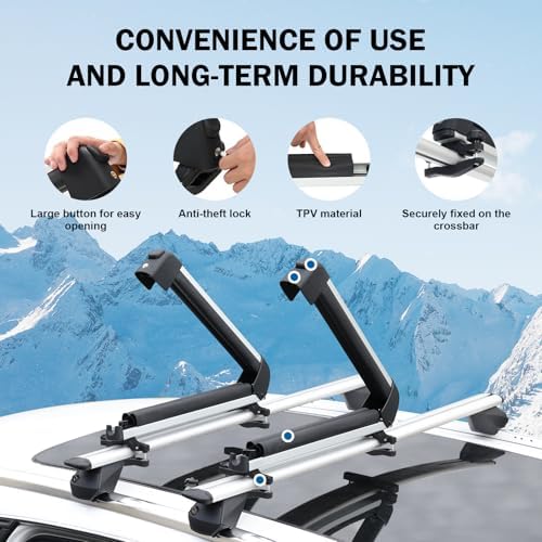 16.3 Inch Car Roof Ski & Snowboard Rack,Fishing Rod Rack, Fits 2 Pairs Skis or 2 Fishing Rods, with Anti-Theft Lock & TPV Rubber Padding, Fits Square/Round/Aero/Oval Cross Bars, Silver