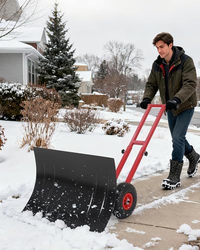TrailBlaze Heavy Duty Rolling Snow Shovel with Wheels – 29x20in Wide Adjustable Angled Metal Blade – Ergonomic Double Handle – 5-Position Height – Durable Carbon Steel – Ideal for Driveways, Sidewalks