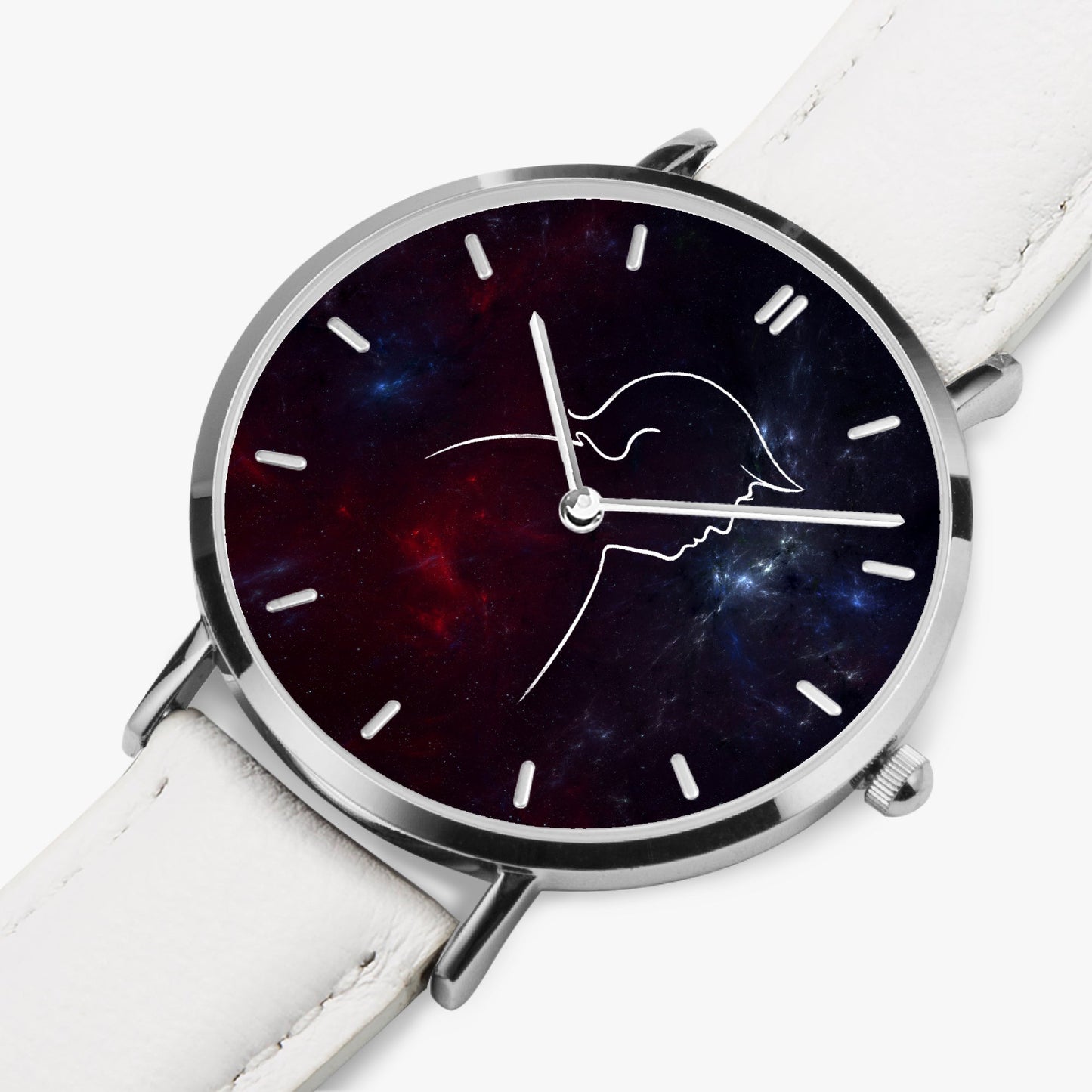 Cosmic Profile Watch – Galaxy Line Art Unisex Leather Band Timepiece