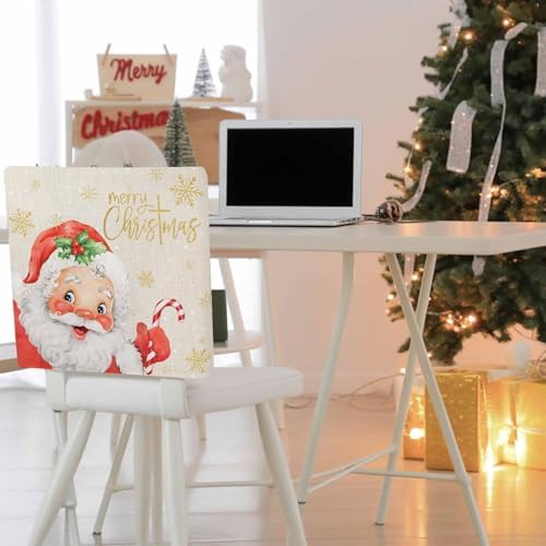 Merry Christmas Chair Back Covers Set of 6 Santa Claus Xmas Gold Snowflake Linen Texture Washable Removable Chair Cover Slipcover Protector for Dining Room Hotel Party Holiday Decor