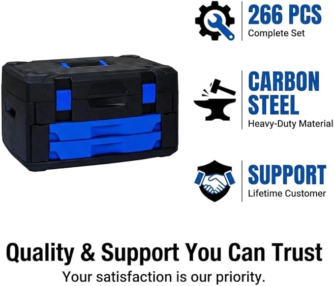 266-Piece Mechanics Tool Set, Heavy Duty Auto Repair Tool Kit with Drawers Storage Box, Carbon Steel Socket Wrench Set for Car Maintenance and Home DIY, Black&Blue