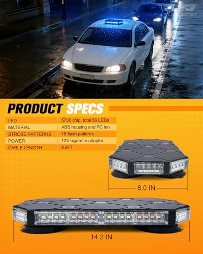 LUMENIX 56 LED Blue Rooftop Beacon Strobe Light Bar for Trucks