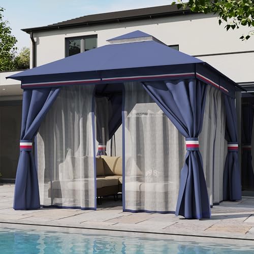 LAUSAINT HOME 10x10 Gazebo Canopy with Netting, Curtains & Double Roof
