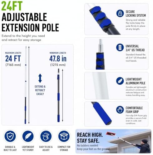 BreezeHug 24ft Roof Snow Rake 2 in 1 Extension Rod EVA Foam Brush