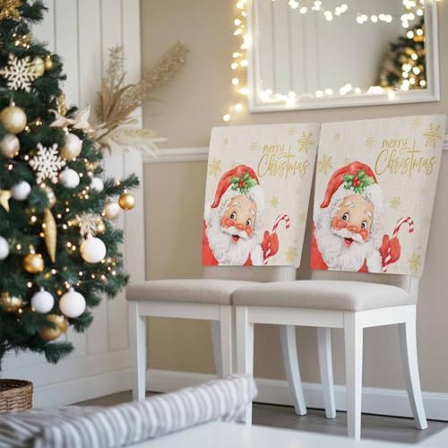 Merry Christmas Chair Back Covers Set of 6 Santa Claus Xmas Gold Snowflake Linen Texture Washable Removable Chair Cover Slipcover Protector for Dining Room Hotel Party Holiday Decor