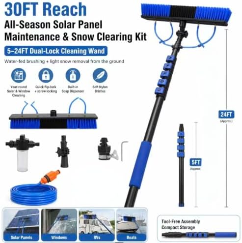 Solar Panel Cleaning Brush Kit with 5-24FT Telescopic Pole Water Fed Brush Window Gutter Cleaning Tool 20'' Wide Brush,Soap Dispenser, Squeegee & Cobweb Duster for Roof RV Deck Snow Removal