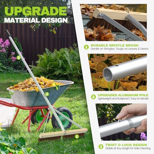 Huracan Leaf Roof Brush and Snow Roof Rake, Cleaning Tool with Gloves, 5-21ft Adjustable Roofs Removal Tool, Anti-Slip Handle Cleaning Brush Extension Aluminum Poles, for Solar Panels Cars Shingles