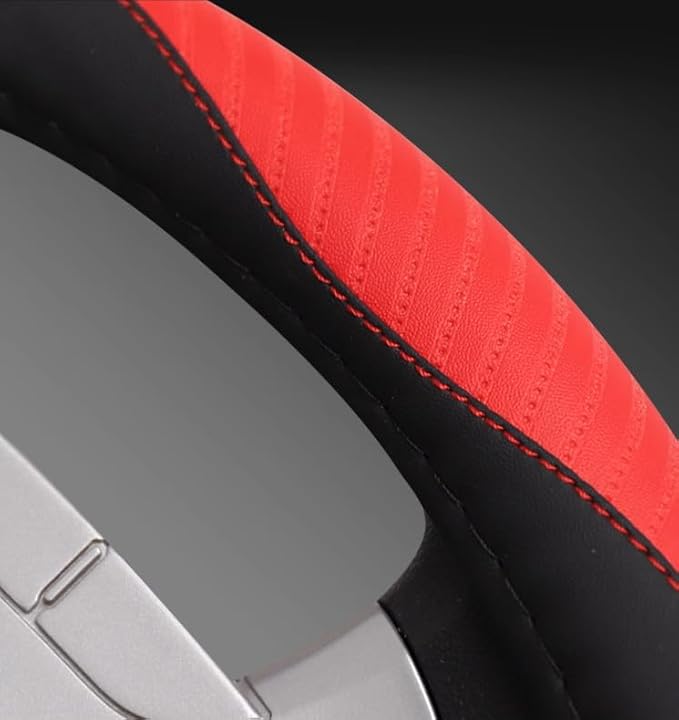 16 Inch Steering Wheel Cover - Carbon Fiber Pattern & Faux Leather, Anti-Slip Grip, Breathable Comfort for Long-Haul Drivers - Black Red