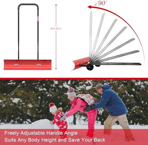 38 Inch Snow Shovel for Driveway, Brewin SnowPro Bi-Direction Heavy Duty Snow Pusher with Wheels and Angled Blade for Efficient Snow Removal, Back Saver Snow Plow for Doorway Sidewalk