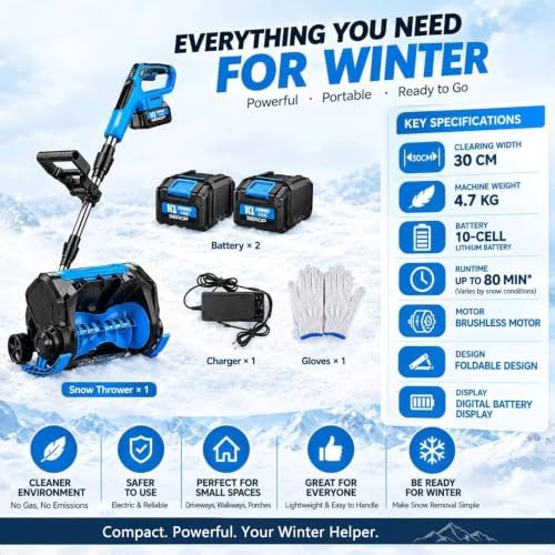 Cordless Snow Blower Electric Snow Shovel, 4.7kg Lightweight Handheld Snow, 30cm Push Snow Sweeper, Quiet Single Stage Snow Removal Machine for Driveway Sidewalk Steps.