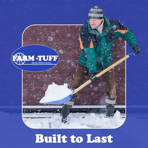 Farm-TUFF Heavy Duty Multi-Purpose Shovel - Snow, Barn, Grain, Industrial Use - Large Non-Stick Blade & Ash Hardwood D-Grip Handle - Durable & Lightweight Utility Scoop - Blue, 18in