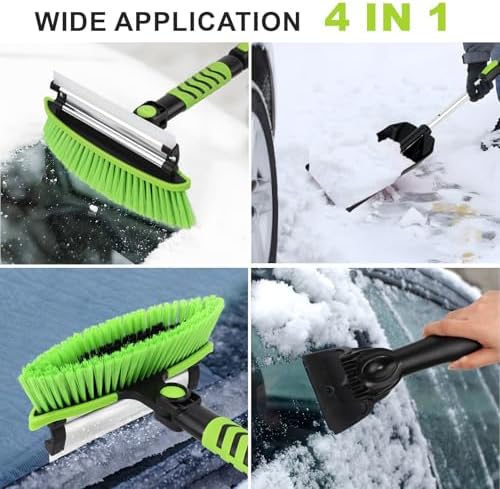 4 in 1 Ice Scraper & Snow Brush & Snow Shovel for Home Car, 43" Extendable Window Ice Removal with Squeegee for Windshield, Heavy Duty Snow Cleaner with Foam Grip & 180° Rotating Head for Auto