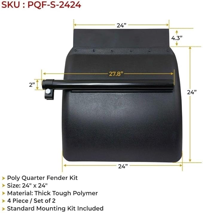 Mytee Products (2 Pack/4 Pcs) Black Poly Quarter Fender for Semi Truck Set 24"x24" - Standard Mounting Tube Bracket Kit Included - Semi Truck Accessories for Kenworth Freightliner Peterbilt