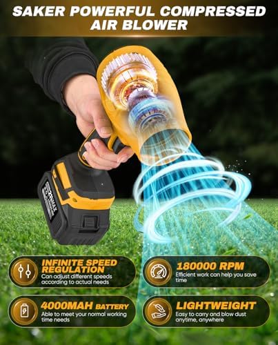 Saker Handheld Cordless Leaf Blower Portable Dust Cleaner 180000 RPM Compressed Air Duster with Adjustable Speed for Drying Patio Cleaning Camping 2 x 4.0Ah Battery Yellow