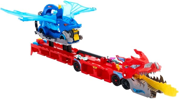 Hot Wheels City Toy Car Track Set, Ultimate Dual Dragon Transporter & 2 Die-Cast Cars, Large-Scale Dragon & Detachable Dragon, Stores 20+ Vehicles