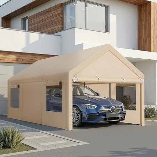 JAMFLY 10x20 ft Heavy Duty Portable Carport Garage, Camel