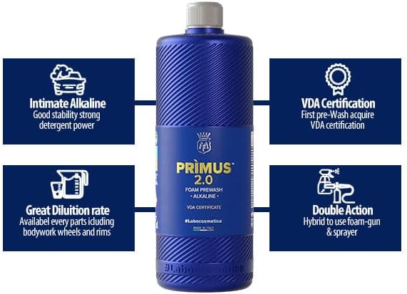 Labocosmetica PRIMUS 2.0 Alkaline Foam Prewash | Rapid Road Film & Bug Softening | VDA Certified Safe On Exterior Surfaces | Thick Cling For Safer Contact Wash & Predictable Rinse | 4.5 Liters