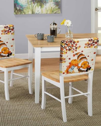 Thanksgiving Cute Gnome Chair Back Covers Set of 6 Fall Pumpkin Maple Leaf Sunflower Retro Text Bottom Washable Removable Chair Cover Slipcover Protector for Dining Room Hotel Party Holiday Decor