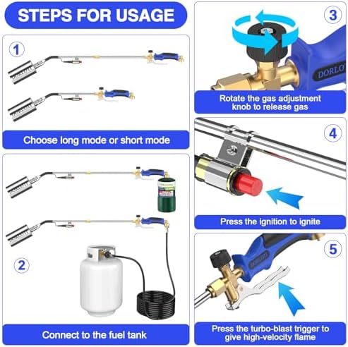 Propane Torch Weed Burner Kit, High Output with Long/Short Mode & Storage Bag,12.5FT Hose Heavy Duty Blow Torch Flamethrower with Self Igniter and Turbo Trigger for Weeding,Roofing,BBQ-35.1 IN