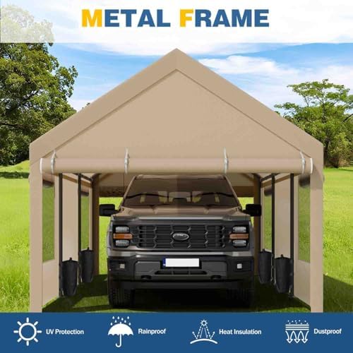 JAMFLY 10x20 ft Heavy Duty Portable Carport Garage, Camel