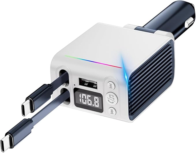 FM Transmitter Bluetooth Car Adapter - 45W Retractable Car Charger [PD 30W & QC3.0] Wireless Radio FM Bluetooth Transmitter for Old Cars, Hands-Free Calling, White