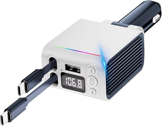 FM Transmitter Bluetooth Car Adapter - 45W Retractable Car Charger [PD 30W & QC3.0] Wireless Radio FM Bluetooth Transmitter for Old Cars, Hands-Free Calling, White
