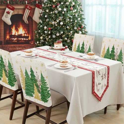 Christmas Tree Chair Back Covers Set of 6 Winter Snowflakes Green Gold Tree Star Linen Texture Washable Removable Chair Cover Slipcover Protector for Dining Room Hotel Party Holiday Decor