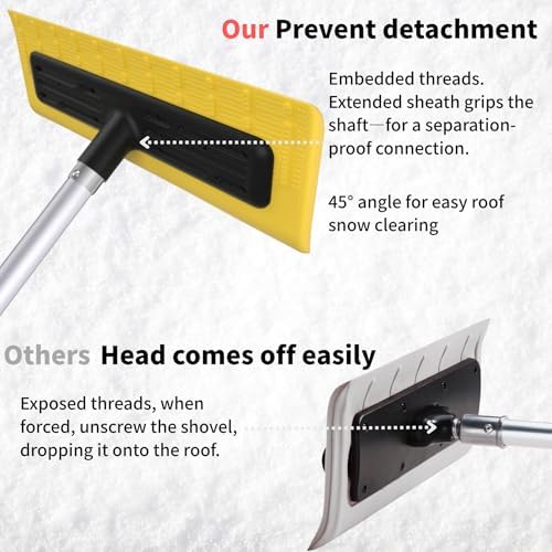 Never-Scratch SnowBuster,21-Foot Snow Roof Rake,EVA Soft Foam Pad Snow Removal Tool,Heavy-Duty Aluminum Handle,S-Shaped Push/Pull Design for House Roof,Solar Panels,Car Snow, and Leaves,Yellow