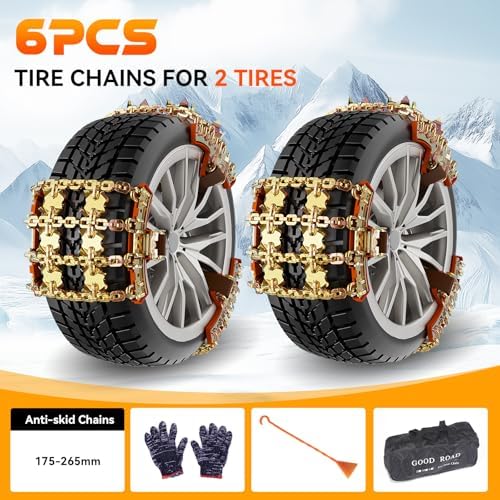 Snow Chains for Car SUV Pickup Trucks, Adjustable Portable Universal Emergency Anti Skid Snow Car Tire Chains for Tire Width 175 185 195 205 215 220 225 235 240 245 255 265, 6 Pack