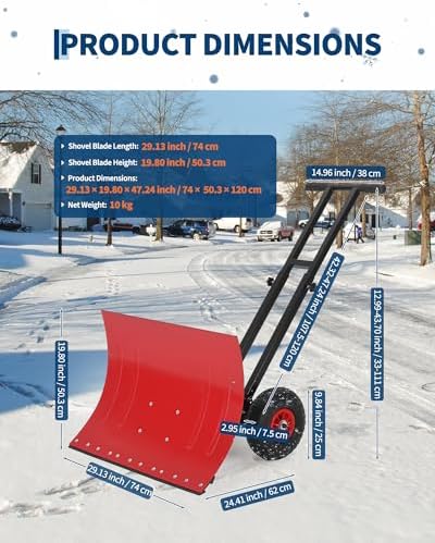 TrailBlaze Heavy Duty Rolling Snow Shovel with Wheels – 29x20 Wide Metal Blade – 5-Position Adjustable Ergonomic Handle – Anti-Slip Design – Commercial Snow Removal for Driveways, Sidewalks, Pavement
